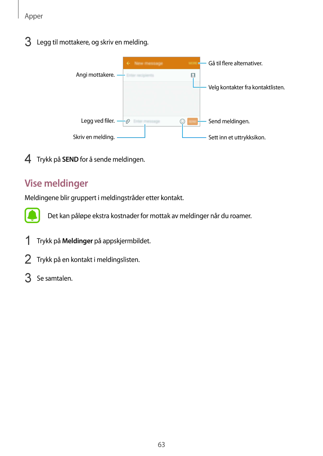 Samsung SM-G925FZWFNEE, SM-G925FZGANEE, SM-G925FZWANEE manual Vise meldinger, Legg til mottakere, og skriv en melding 
