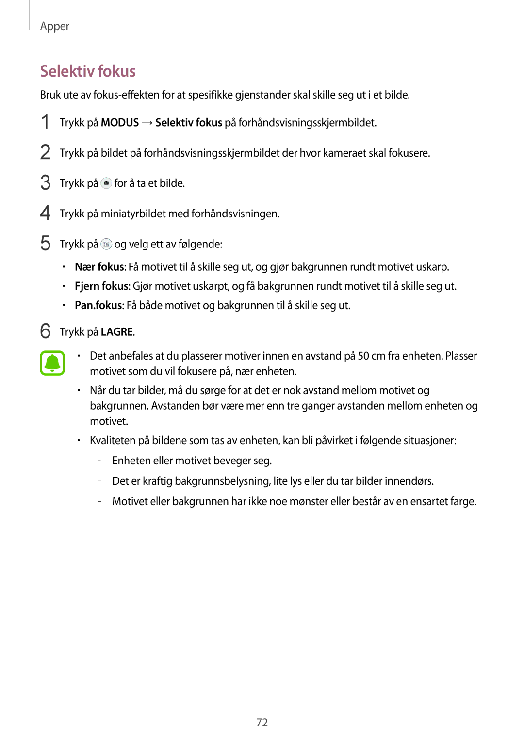 Samsung SM-G925FZGANEE, SM-G925FZWANEE, SM-G925FZWENEE, SM-G925FZWFNEE, SM-G925FZDANEE, SM-G925FZKANEE manual Selektiv fokus 