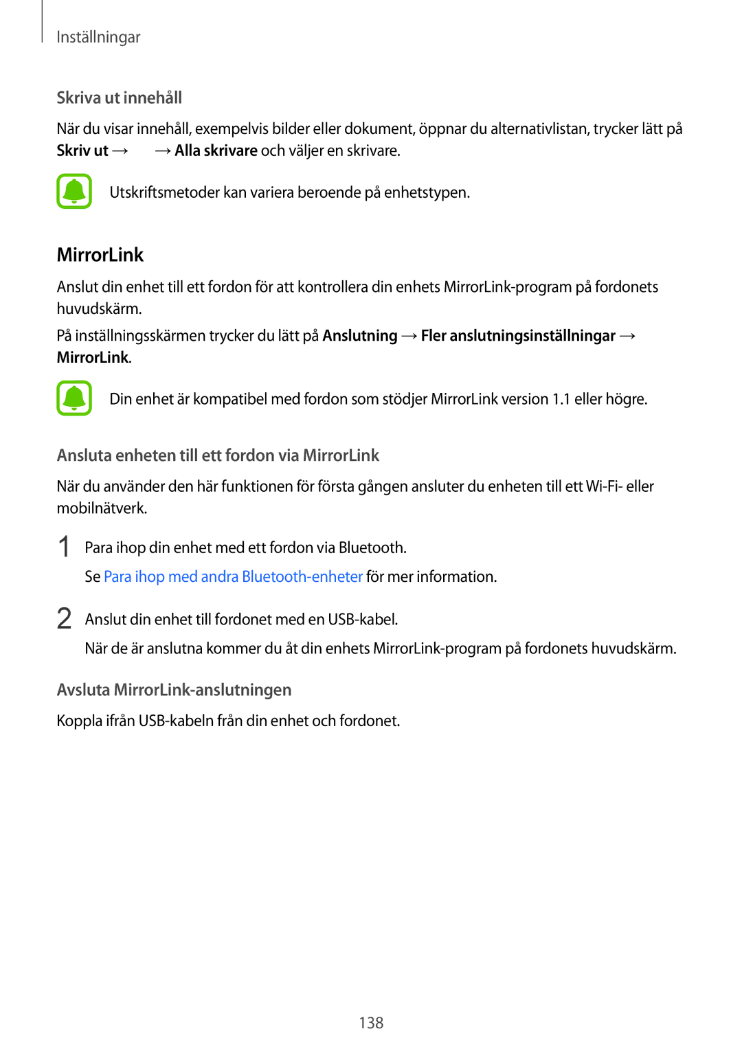 Samsung SM-G925FZWENEE, SM-G925FZGANEE manual Skriva ut innehåll, Ansluta enheten till ett fordon via MirrorLink 