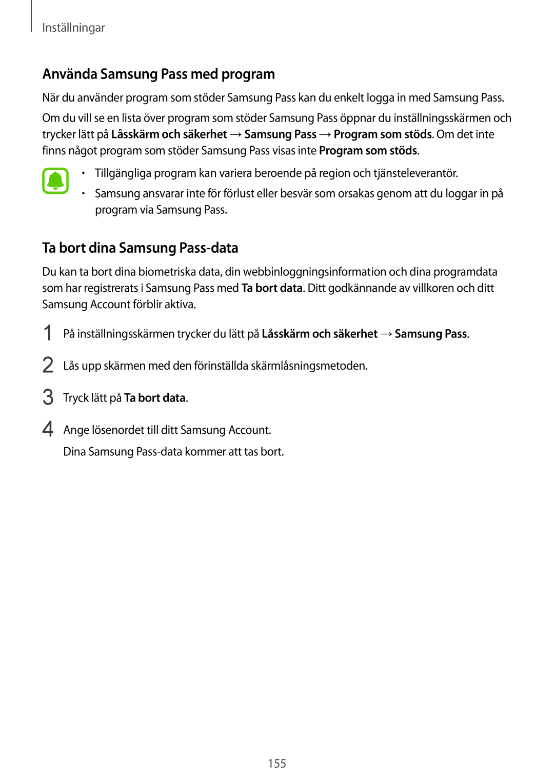 Samsung SM-G928FZSANEE, SM-G925FZGANEE, SM-G925FZWANEE Använda Samsung Pass med program, Ta bort dina Samsung Pass-data 