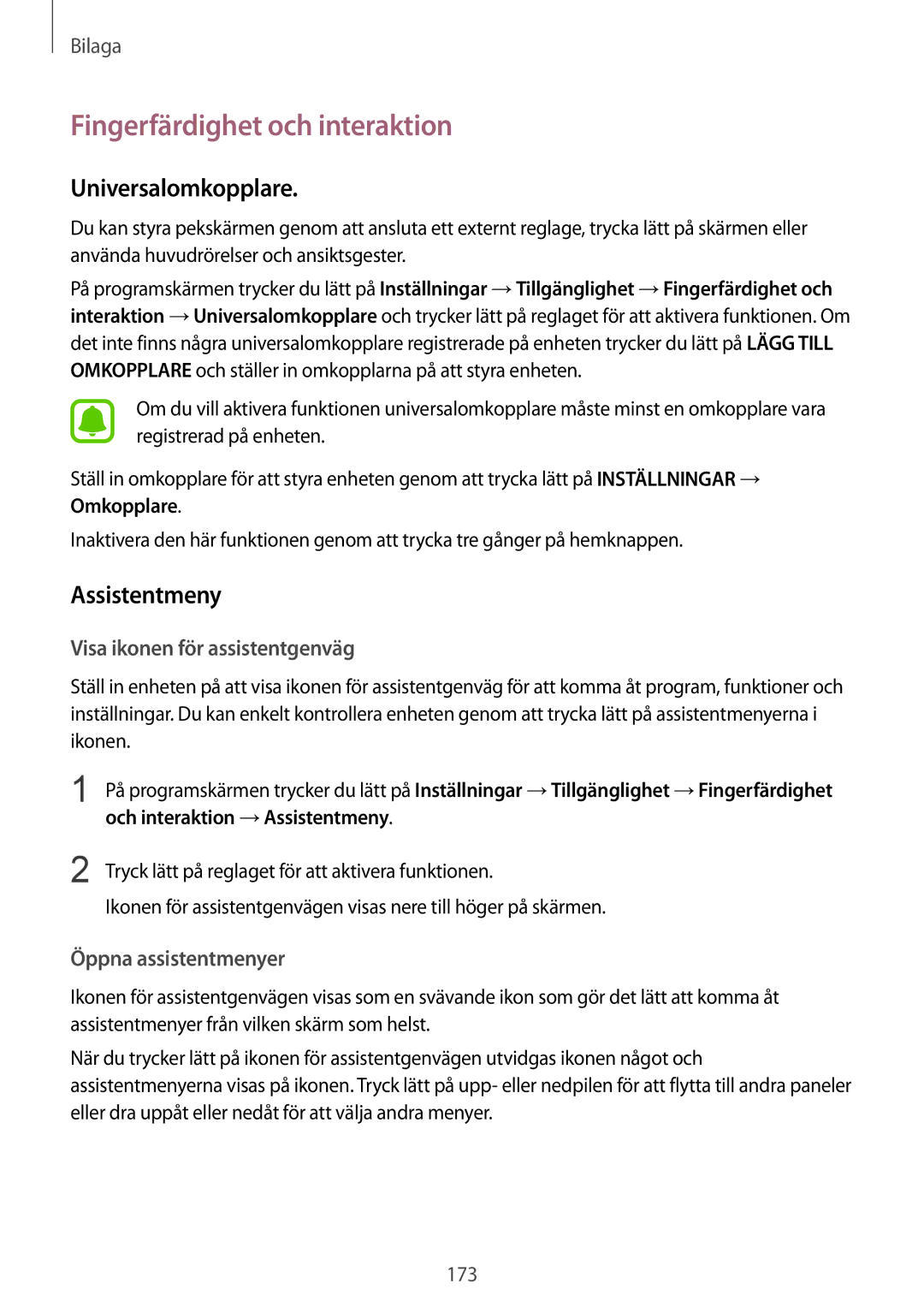 Samsung SM-G928FZSANEE manual Fingerfärdighet och interaktion, Universalomkopplare, Assistentmeny, Öppna assistentmenyer 