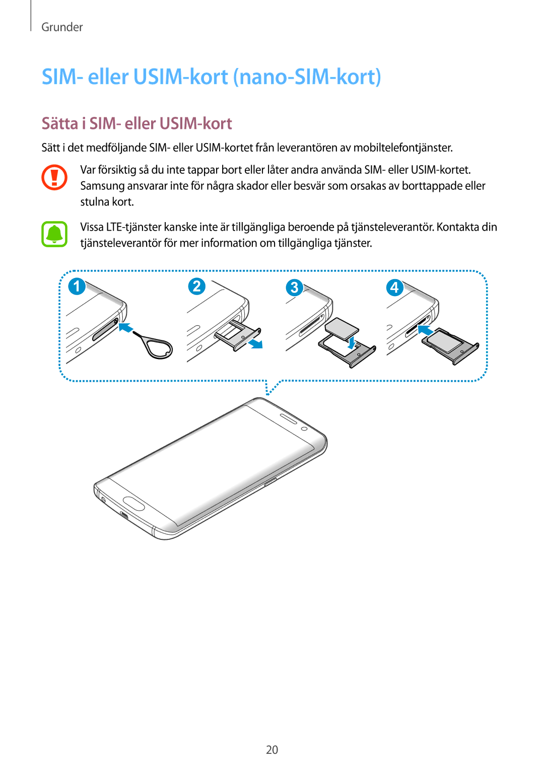 Samsung SM-G928FZSANEE, SM-G925FZGANEE, SM-G925FZWANEE SIM- eller USIM-kort nano-SIM-kort, Sätta i SIM- eller USIM-kort 