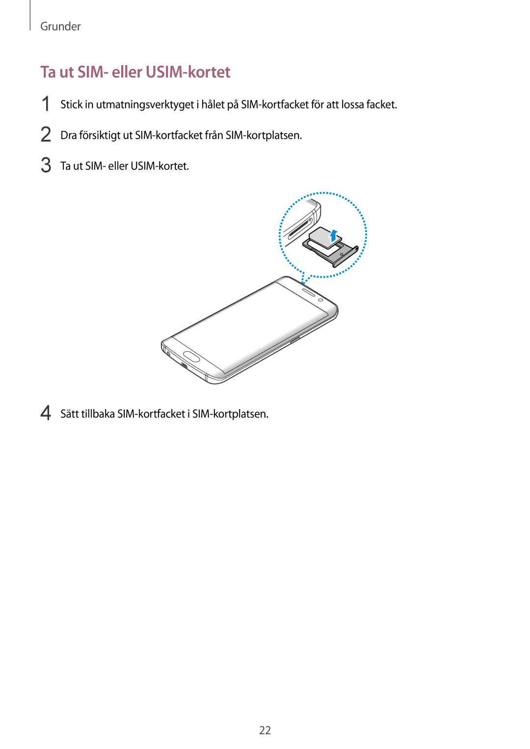 Samsung SM-G925FZWFNEE, SM-G925FZGANEE, SM-G925FZWANEE, SM-G928FZSANEE, SM-G925FZWENEE manual Ta ut SIM- eller USIM-kortet 