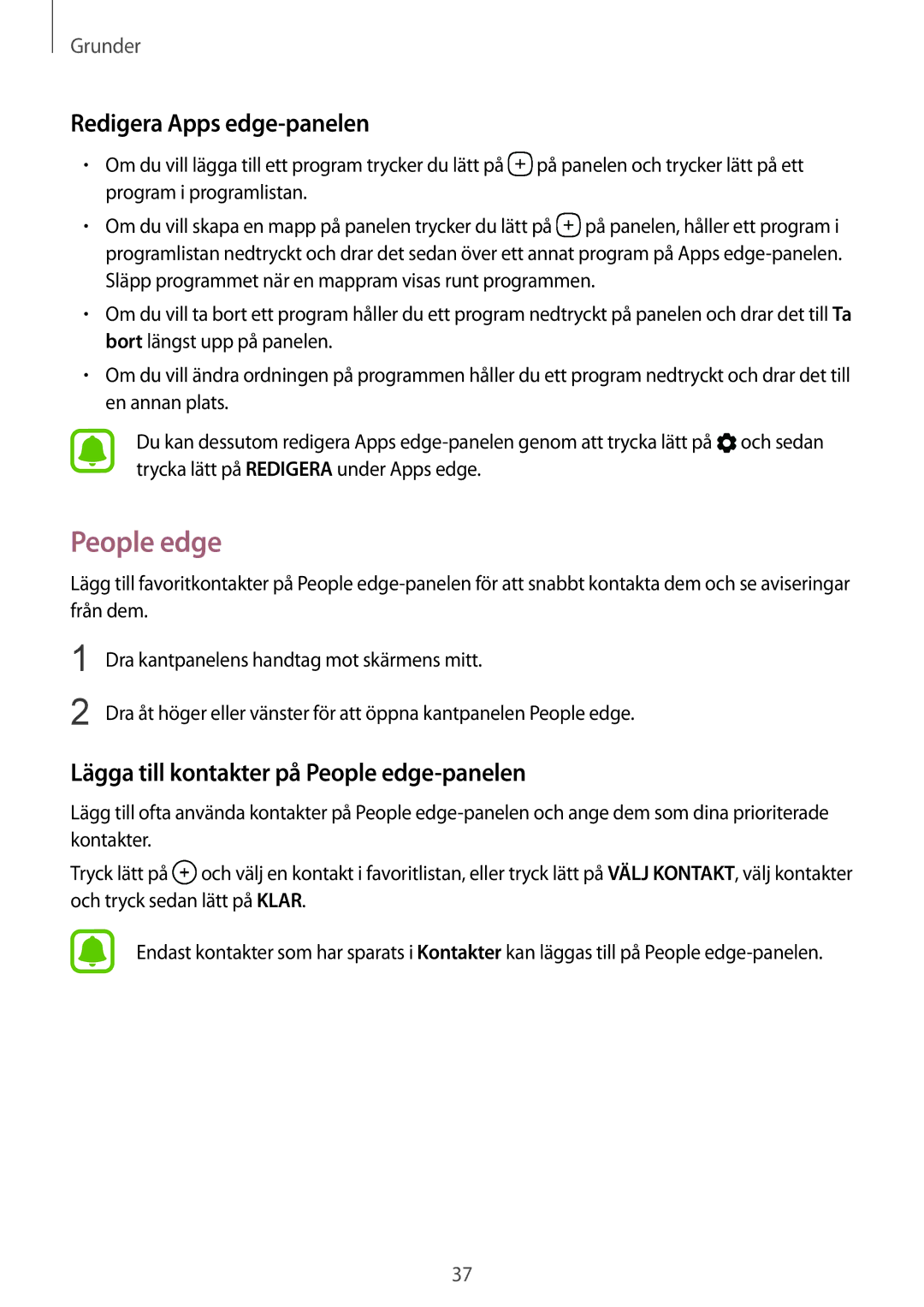 Samsung SM-G925FZWANEE, SM-G925FZGANEE manual Redigera Apps edge-panelen, Lägga till kontakter på People edge-panelen 