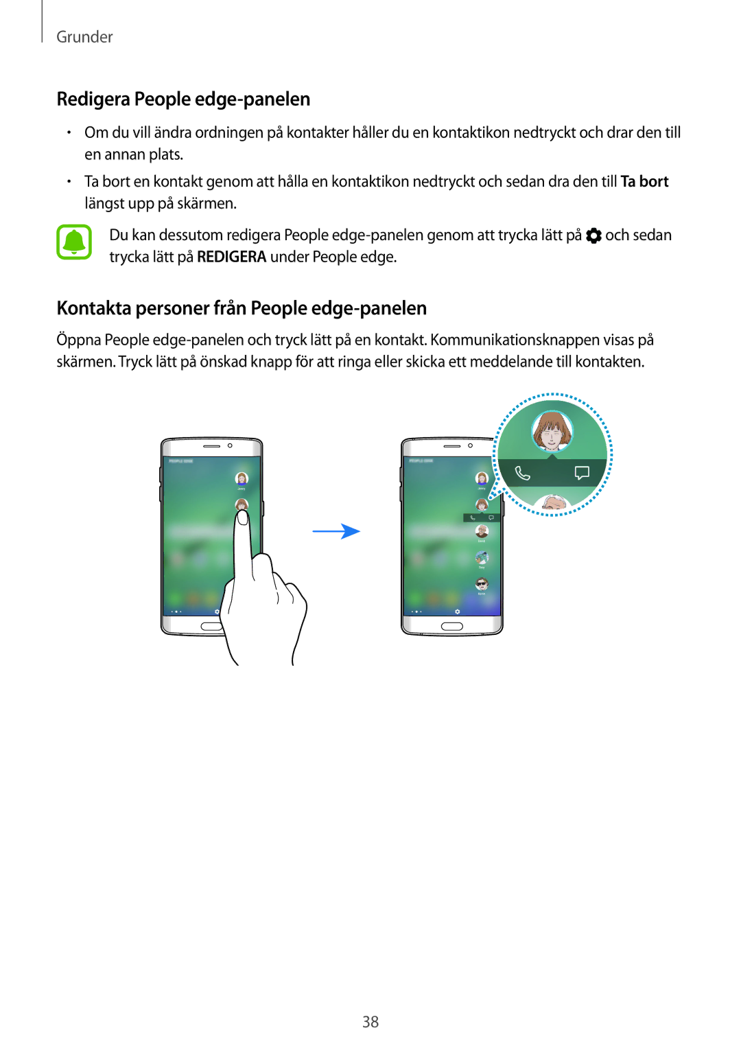 Samsung SM-G928FZSANEE, SM-G925FZGANEE manual Redigera People edge-panelen, Kontakta personer från People edge-panelen 