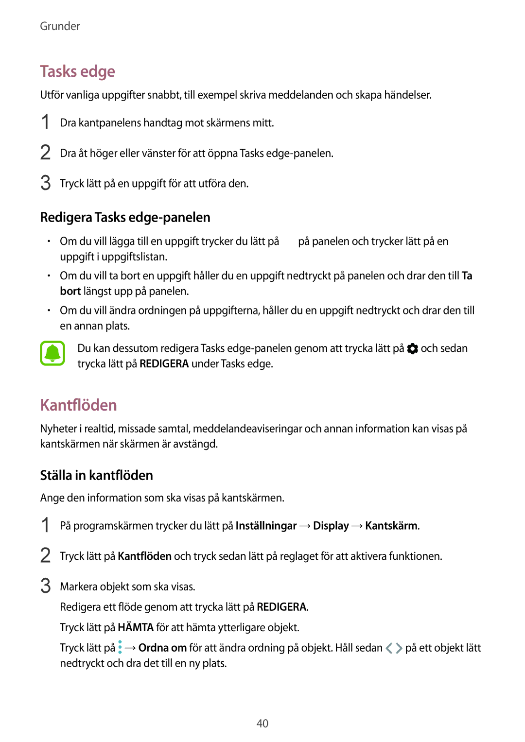 Samsung SM-G925FZWFNEE, SM-G925FZGANEE, SM-G925FZWANEE Kantflöden, Redigera Tasks edge-panelen, Ställa in kantflöden 