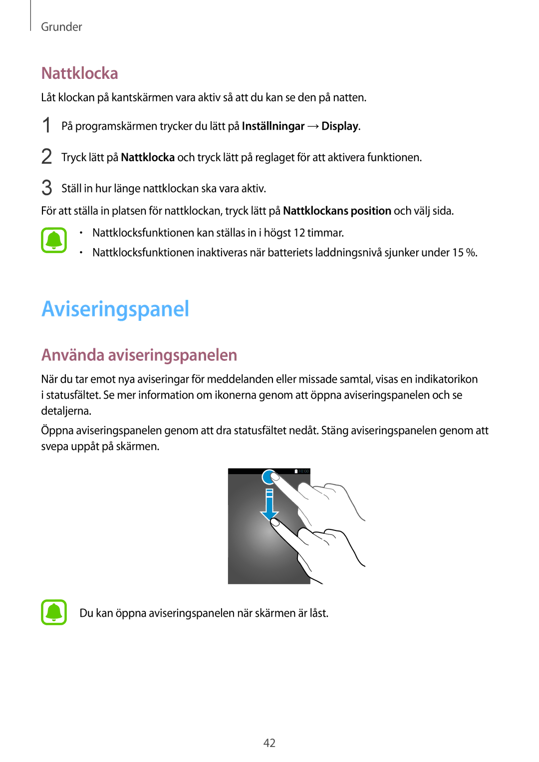 Samsung SM-G928FZDANEE, SM-G925FZGANEE, SM-G925FZWANEE manual Aviseringspanel, Nattklocka, Använda aviseringspanelen 