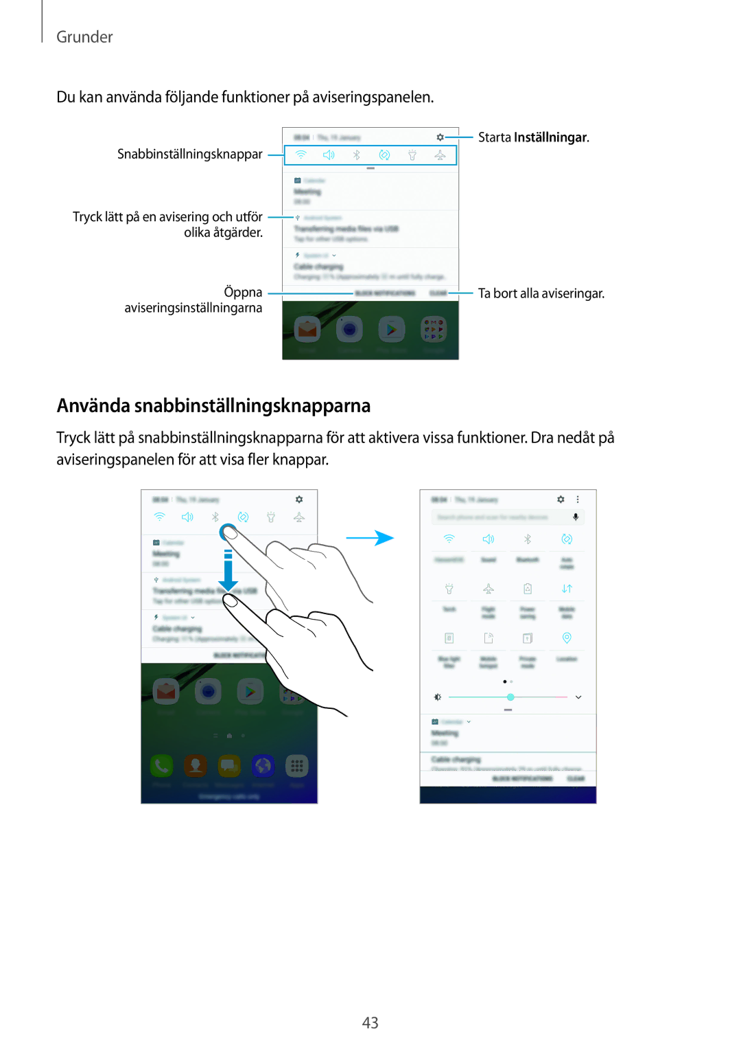 Samsung SM-G928FZKANEE manual Använda snabbinställningsknapparna, Du kan använda följande funktioner på aviseringspanelen 