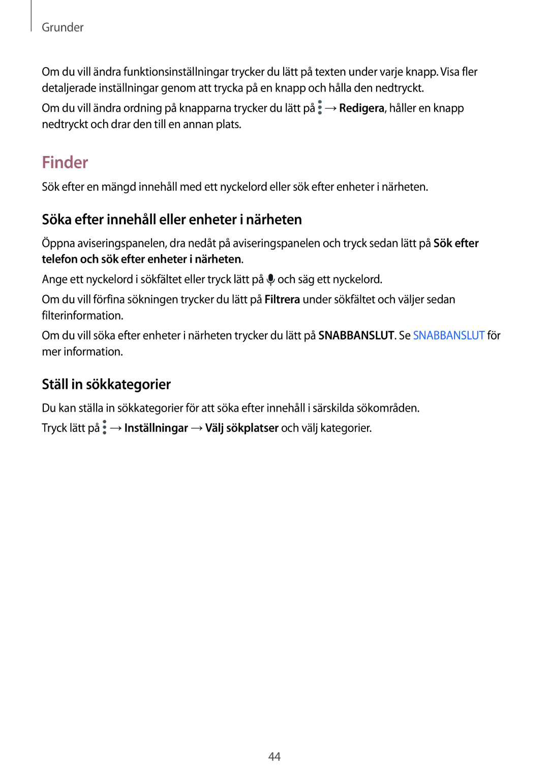 Samsung SM-G925FZKANEE, SM-G925FZGANEE manual Finder, Söka efter innehåll eller enheter i närheten, Ställ in sökkategorier 