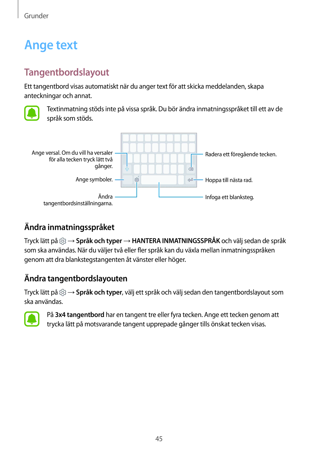 Samsung SM-G925FZGANEE, SM-G925FZWANEE Ange text, Tangentbordslayout, Ändra inmatningsspråket, Ändra tangentbordslayouten 