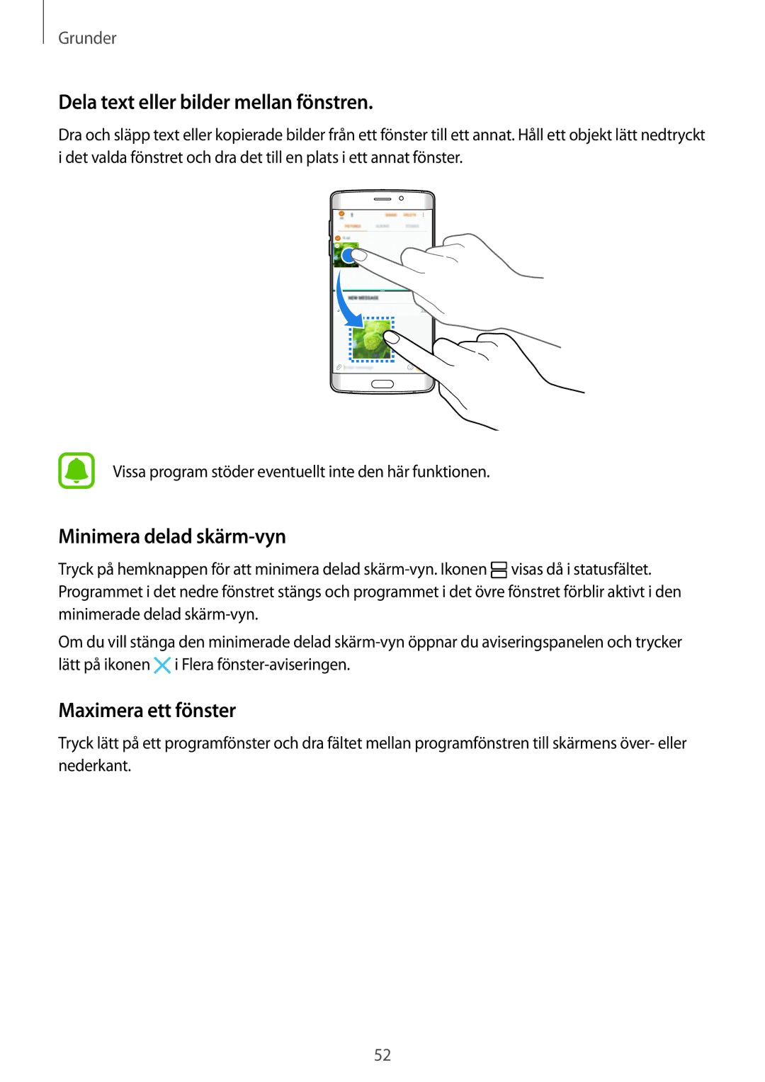 Samsung SM-G928FZKANEE manual Dela text eller bilder mellan fönstren, Minimera delad skärm-vyn, Maximera ett fönster 