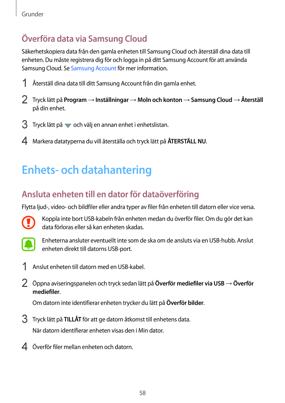 Samsung SM-G925FZWFNEE, SM-G925FZGANEE, SM-G925FZWANEE manual Enhets- och datahantering, Överföra data via Samsung Cloud 