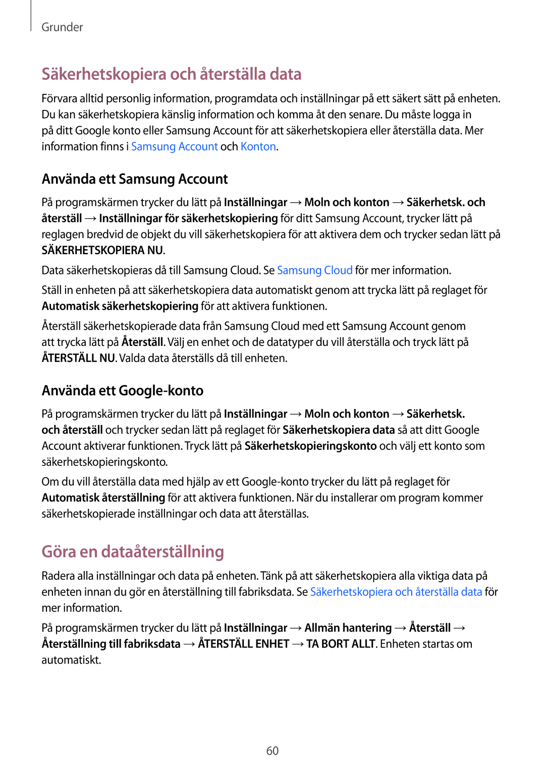 Samsung SM-G928FZDANEE manual Säkerhetskopiera och återställa data, Göra en dataåterställning, Använda ett Samsung Account 