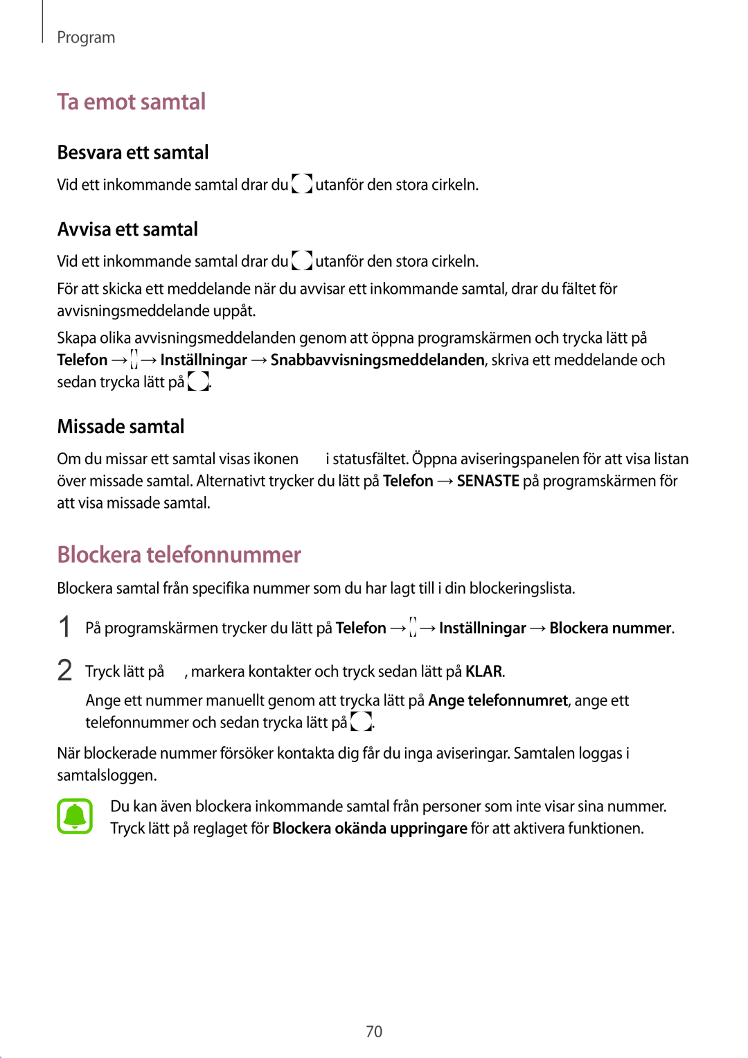 Samsung SM-G928FZKANEE manual Ta emot samtal, Blockera telefonnummer, Besvara ett samtal, Avvisa ett samtal, Missade samtal 