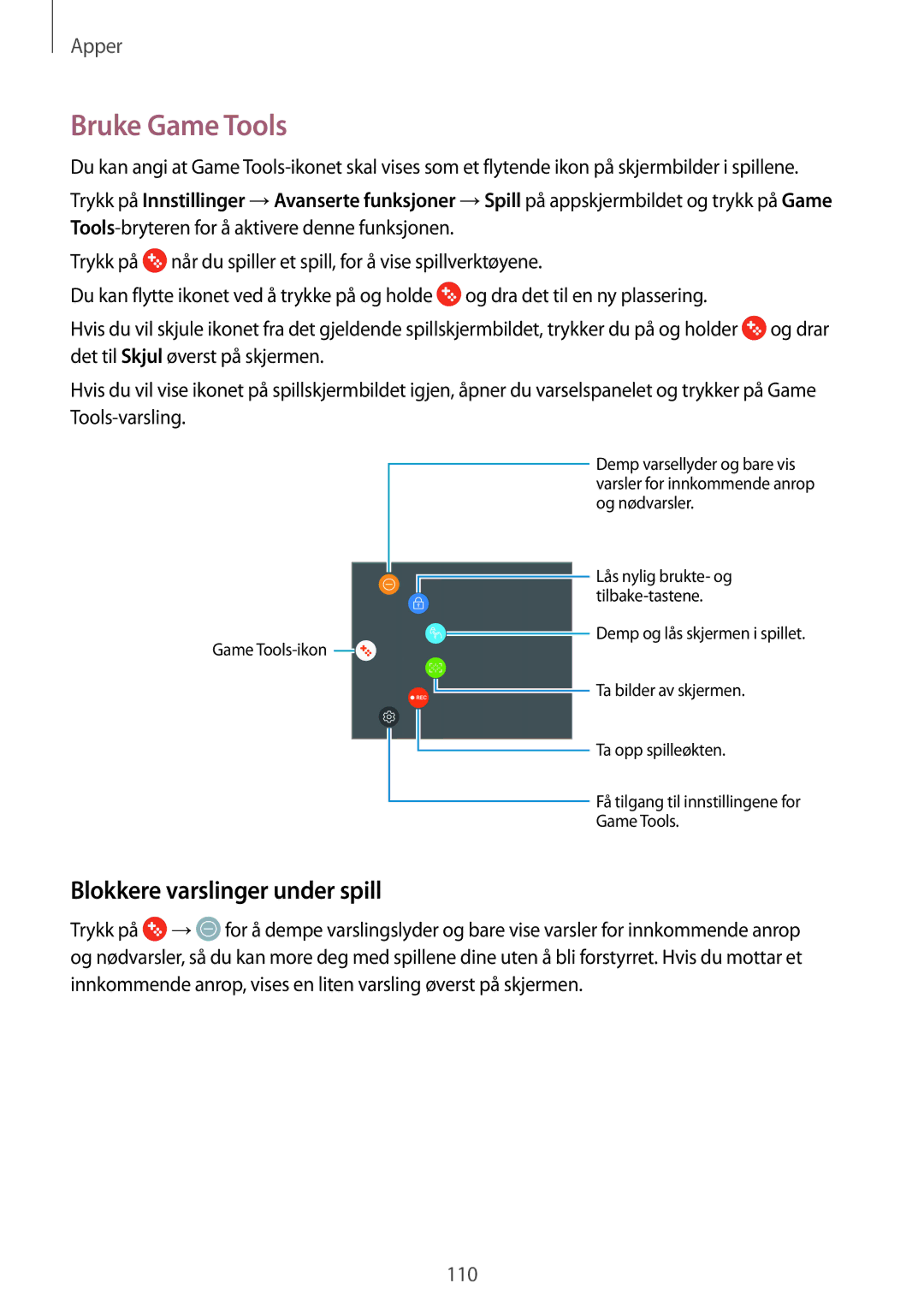 Samsung SM-G928FZSANEE, SM-G925FZGANEE, SM-G925FZWANEE, SM-G925FZWENEE Bruke Game Tools, Blokkere varslinger under spill 