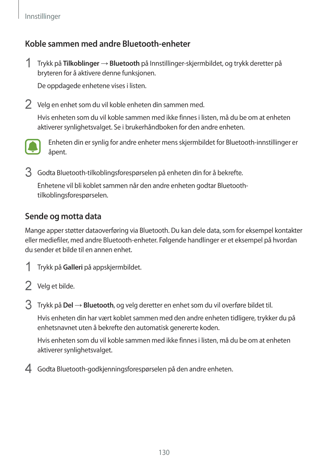 Samsung SM-G925FZWFNEE, SM-G925FZGANEE, SM-G925FZWANEE manual Koble sammen med andre Bluetooth-enheter, Sende og motta data 