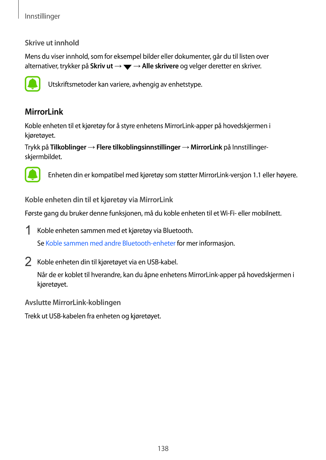 Samsung SM-G925FZWENEE, SM-G925FZGANEE manual Skrive ut innhold, Koble enheten din til et kjøretøy via MirrorLink 