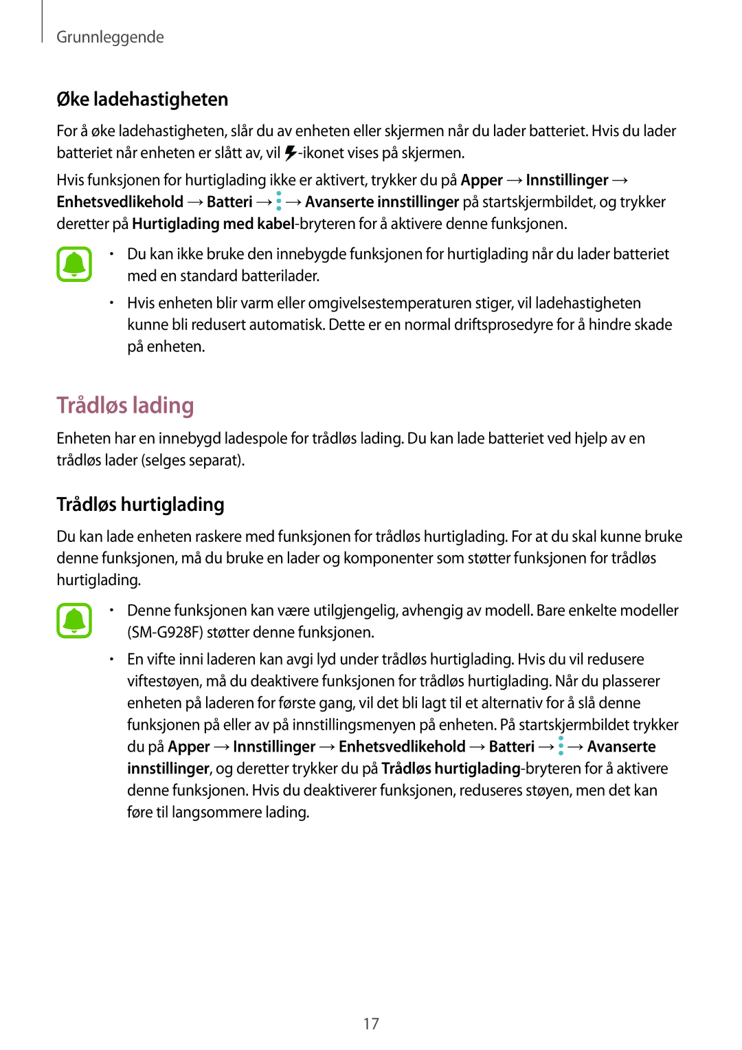 Samsung SM-G925FZKANEE, SM-G925FZGANEE, SM-G925FZWANEE manual Trådløs lading, Øke ladehastigheten, Trådløs hurtiglading 