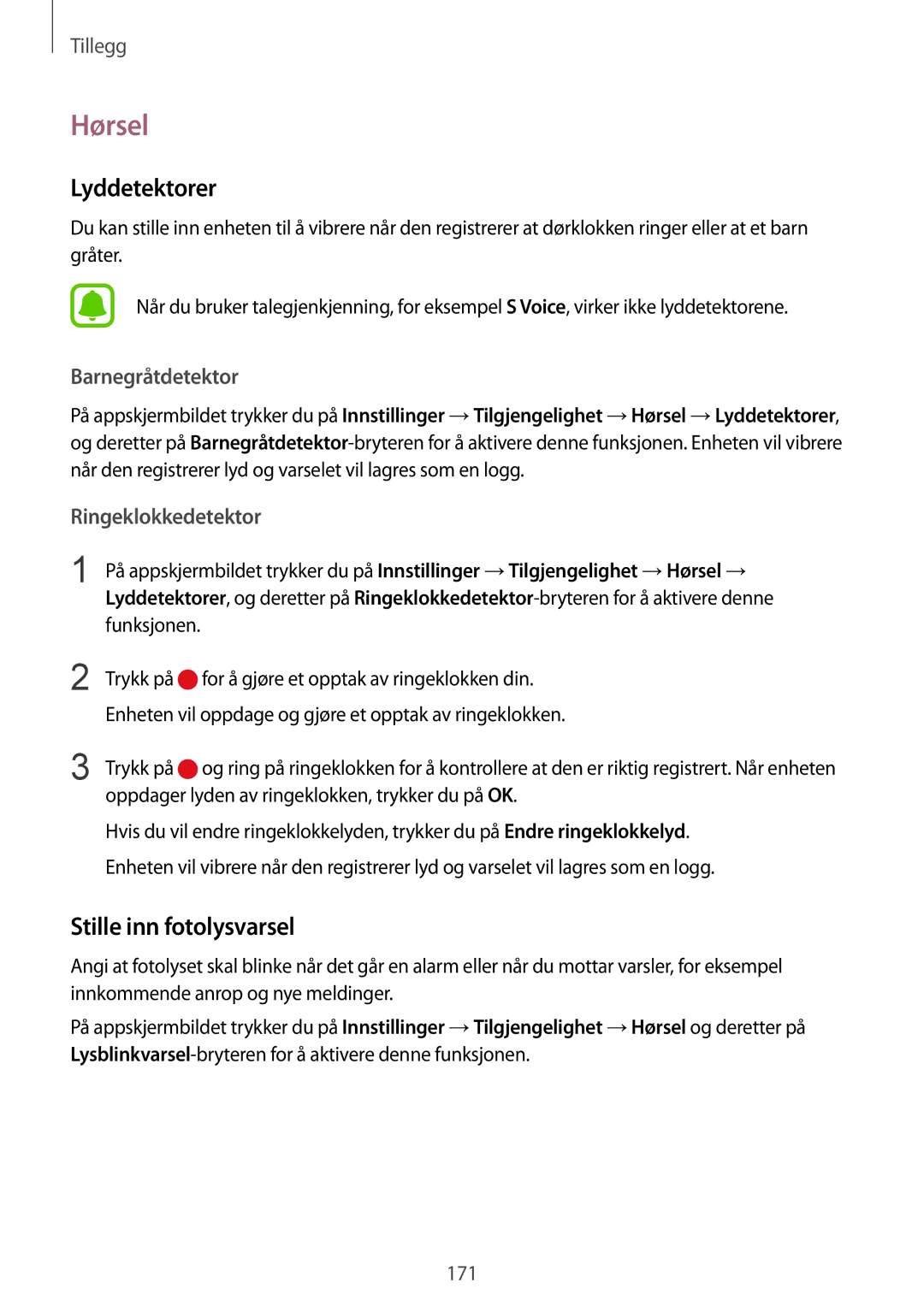 Samsung SM-G925FZGANEE manual Hørsel, Lyddetektorer, Stille inn fotolysvarsel, Barnegråtdetektor, Ringeklokkedetektor 