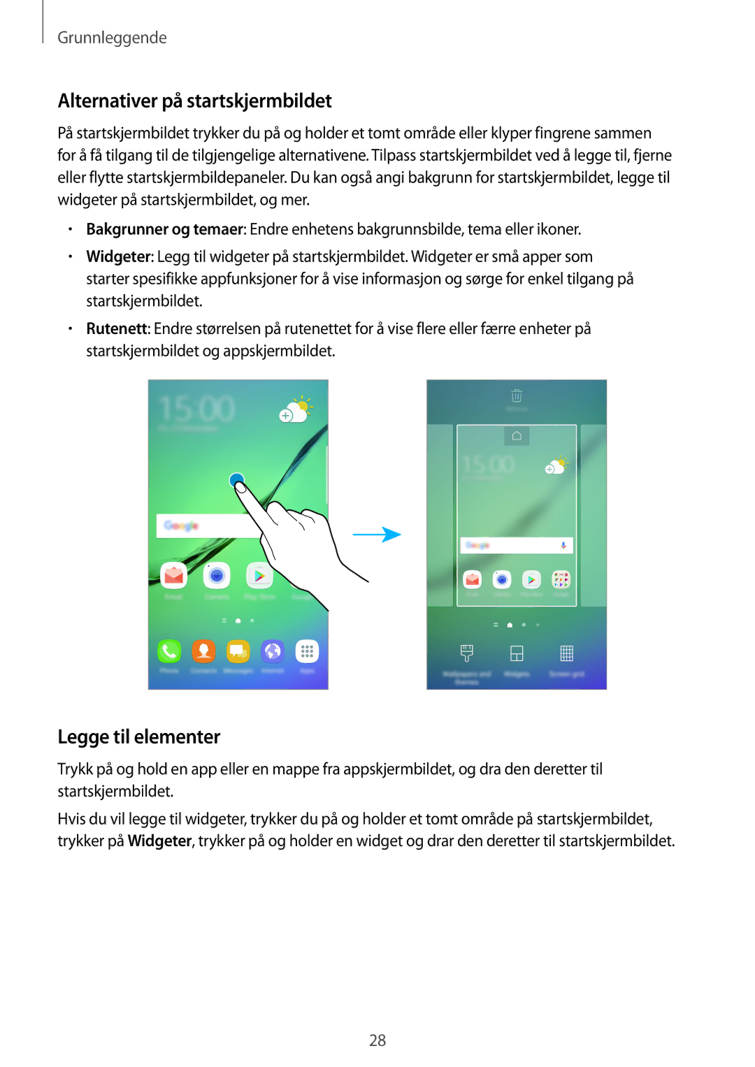 Samsung SM-G925FZWANEE, SM-G925FZGANEE, SM-G928FZSANEE manual Alternativer på startskjermbildet, Legge til elementer 