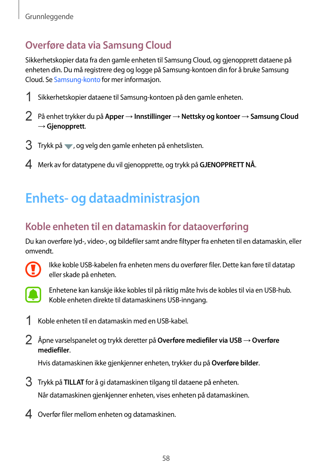 Samsung SM-G925FZWFNEE, SM-G925FZGANEE manual Enhets- og dataadministrasjon, Overføre data via Samsung Cloud, → Gjenopprett 