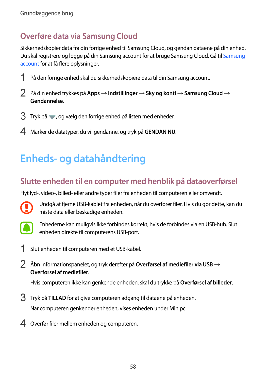 Samsung SM-G925FZWFNEE, SM-G925FZGANEE, SM-G925FZWANEE manual Enheds- og datahåndtering, Overføre data via Samsung Cloud 