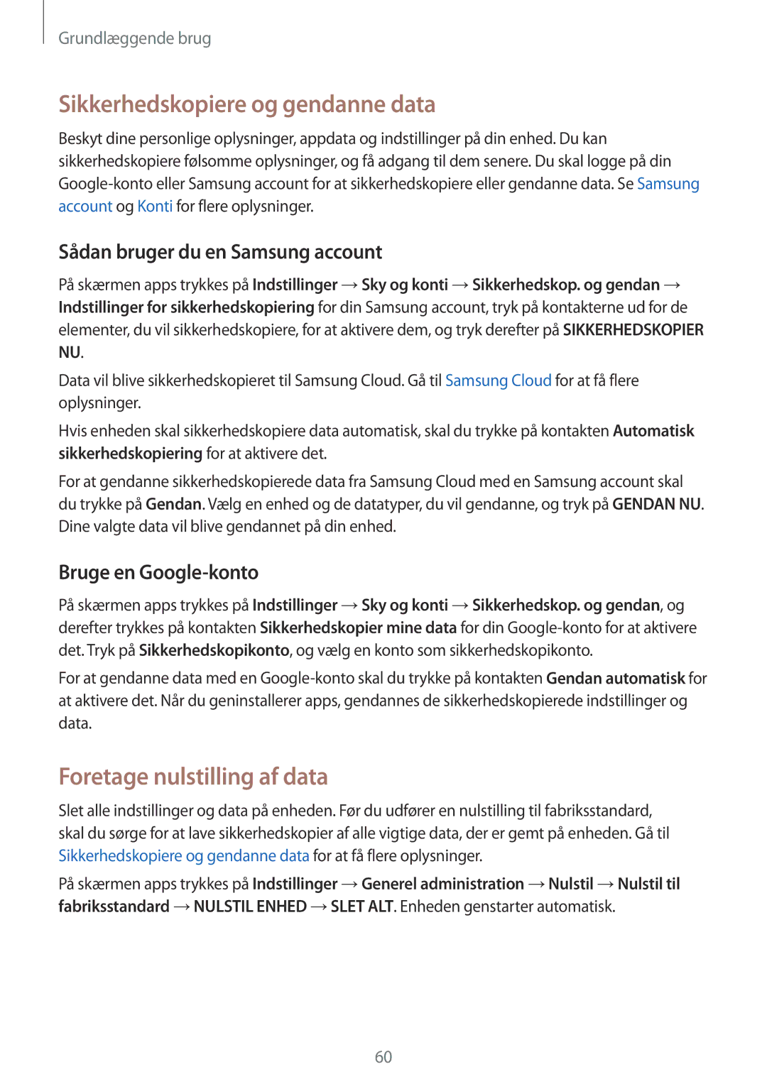 Samsung SM-G928FZDANEE manual Sikkerhedskopiere og gendanne data, Foretage nulstilling af data, Bruge en Google-konto 