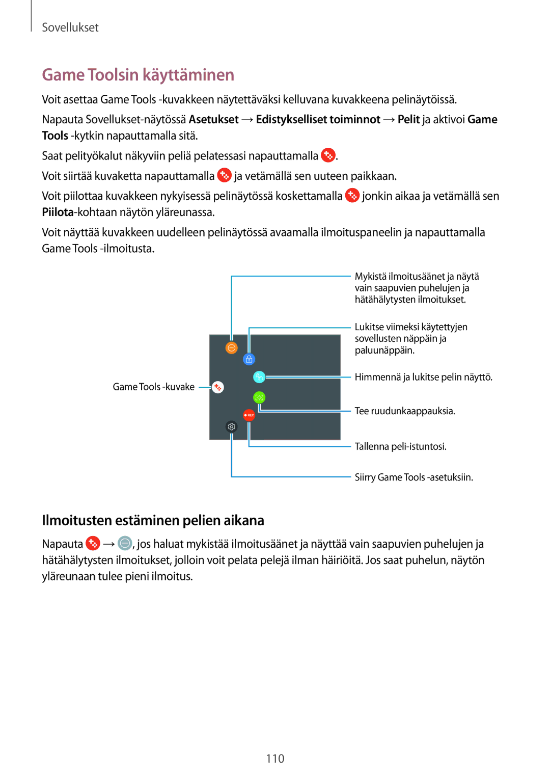 Samsung SM-G928FZSANEE, SM-G925FZGANEE, SM-G925FZWANEE manual Game Toolsin käyttäminen, Ilmoitusten estäminen pelien aikana 