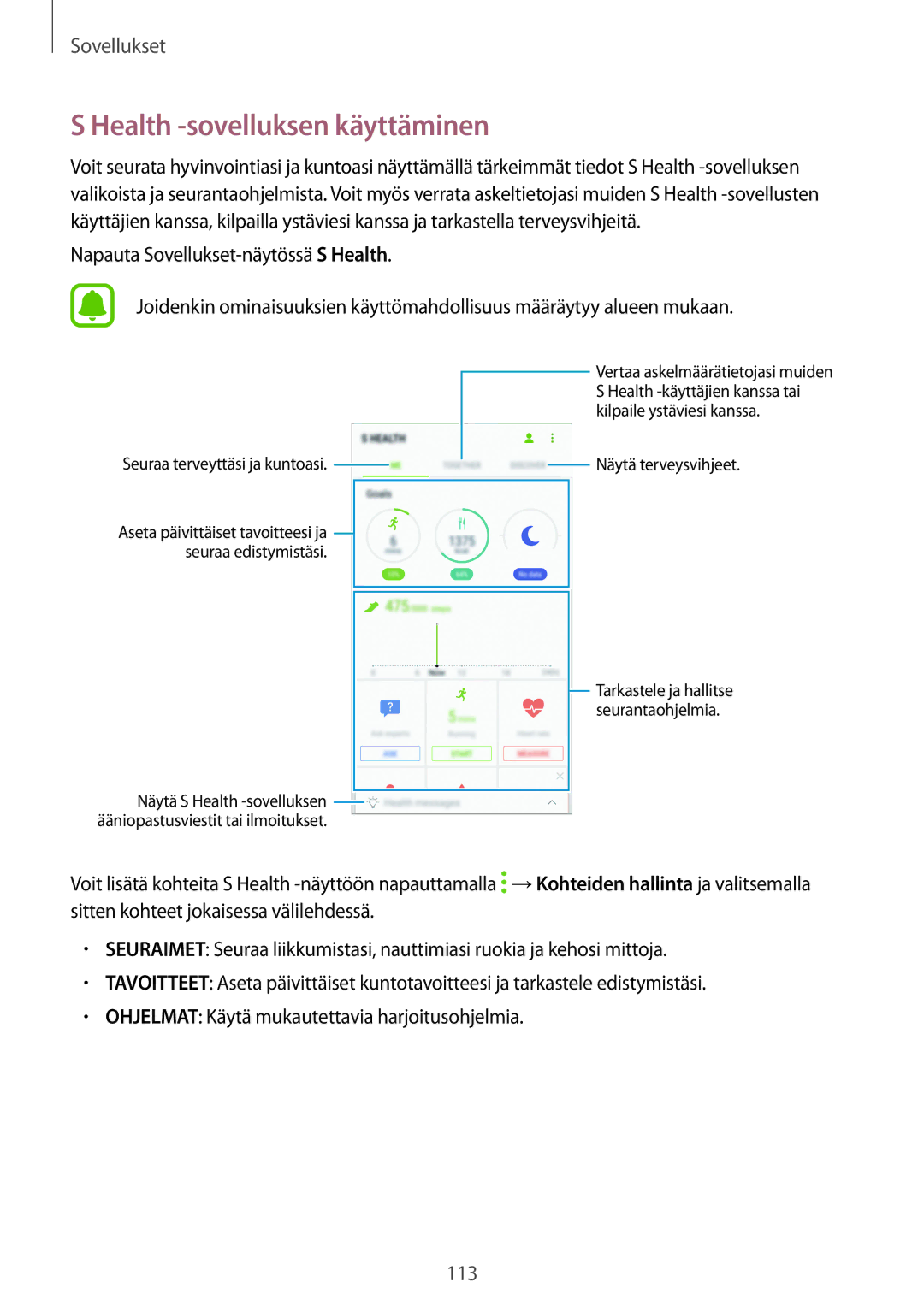 Samsung SM-G925FZDANEE, SM-G925FZGANEE, SM-G925FZWANEE manual Health -sovelluksen käyttäminen, Seuraa terveyttäsi ja kuntoasi 