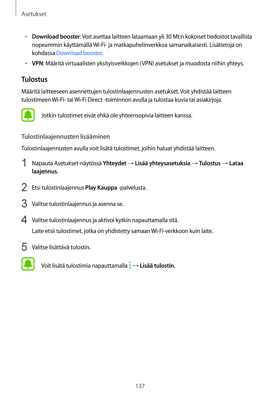 Samsung SM-G928FZSANEE, SM-G925FZGANEE, SM-G925FZWANEE, SM-G925FZWENEE manual Tulostus, Tulostinlaajennusten lisääminen 