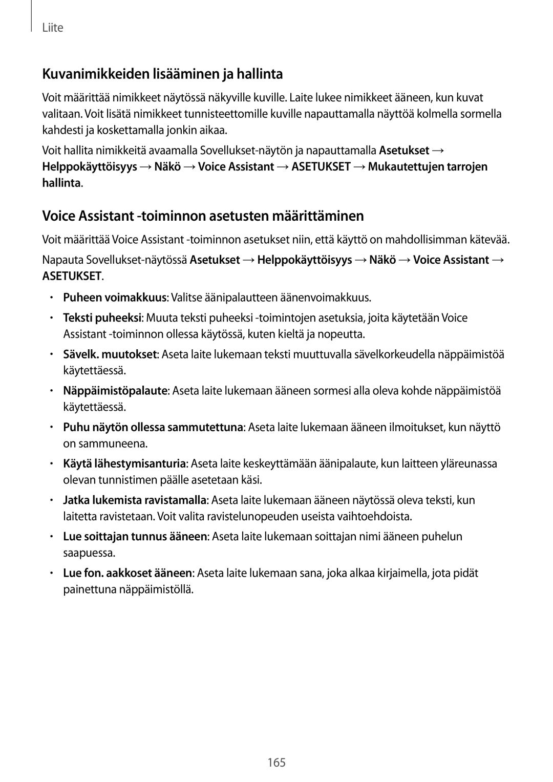 Samsung SM-G925FZWENEE manual Kuvanimikkeiden lisääminen ja hallinta, Voice Assistant -toiminnon asetusten määrittäminen 