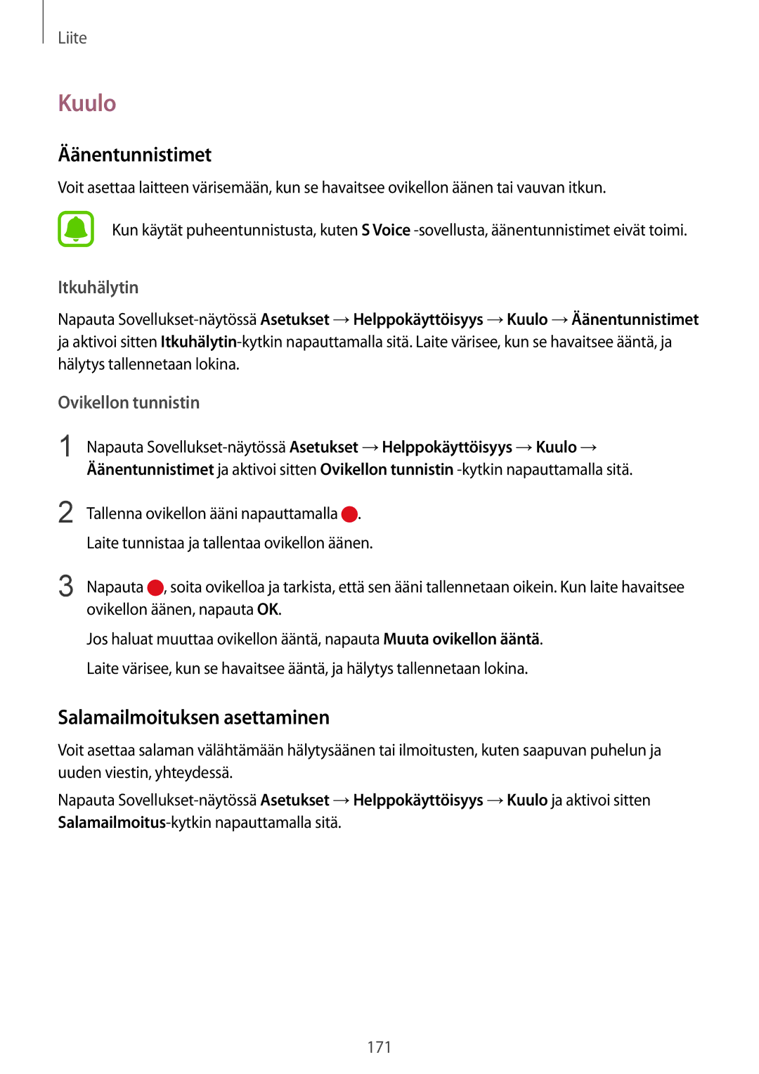 Samsung SM-G925FZGANEE manual Kuulo, Äänentunnistimet, Salamailmoituksen asettaminen, Itkuhälytin, Ovikellon tunnistin 