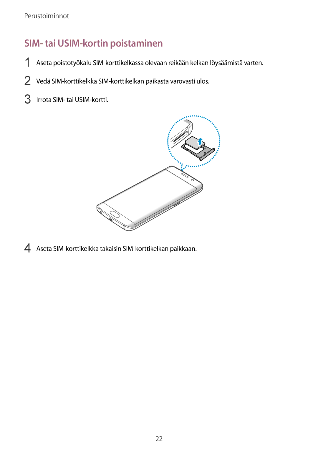 Samsung SM-G925FZWFNEE, SM-G925FZGANEE, SM-G925FZWANEE, SM-G928FZSANEE, SM-G925FZWENEE manual SIM- tai USIM-kortin poistaminen 