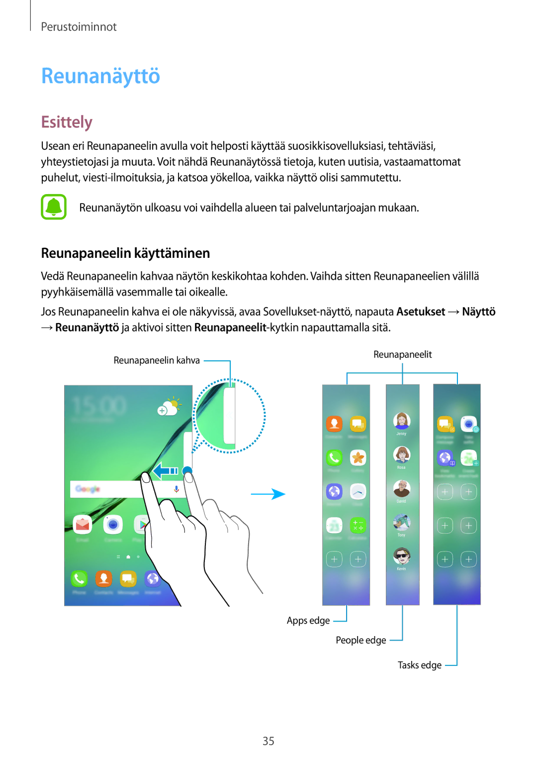 Samsung SM-G925FZKANEE, SM-G925FZGANEE, SM-G925FZWANEE, SM-G928FZSANEE manual Reunanäyttö, Esittely, Reunapaneelin käyttäminen 