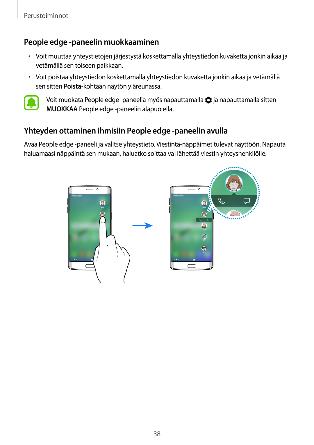 Samsung SM-G928FZSANEE manual People edge -paneelin muokkaaminen, Yhteyden ottaminen ihmisiin People edge ‑paneelin avulla 