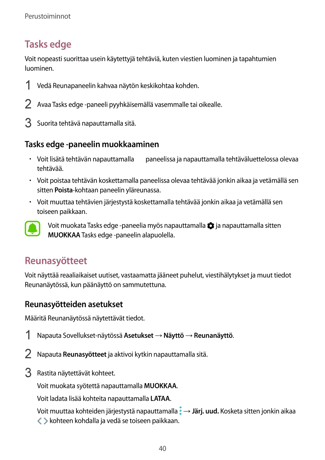 Samsung SM-G925FZWFNEE, SM-G925FZGANEE Reunasyötteet, Tasks edge -paneelin muokkaaminen, Reunasyötteiden asetukset 