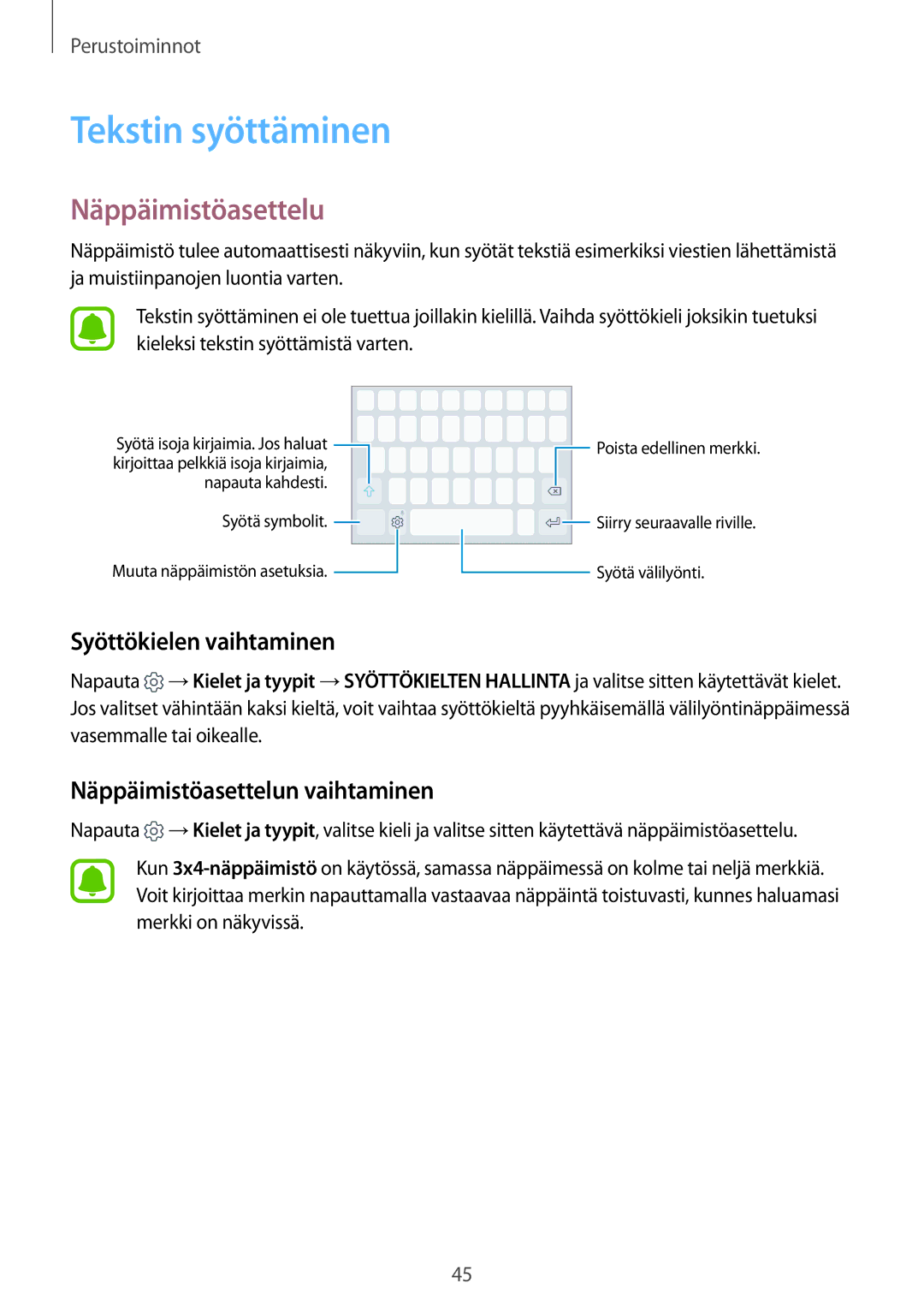 Samsung SM-G925FZGANEE, SM-G925FZWANEE, SM-G928FZSANEE Tekstin syöttäminen, Näppäimistöasettelu, Syöttökielen vaihtaminen 