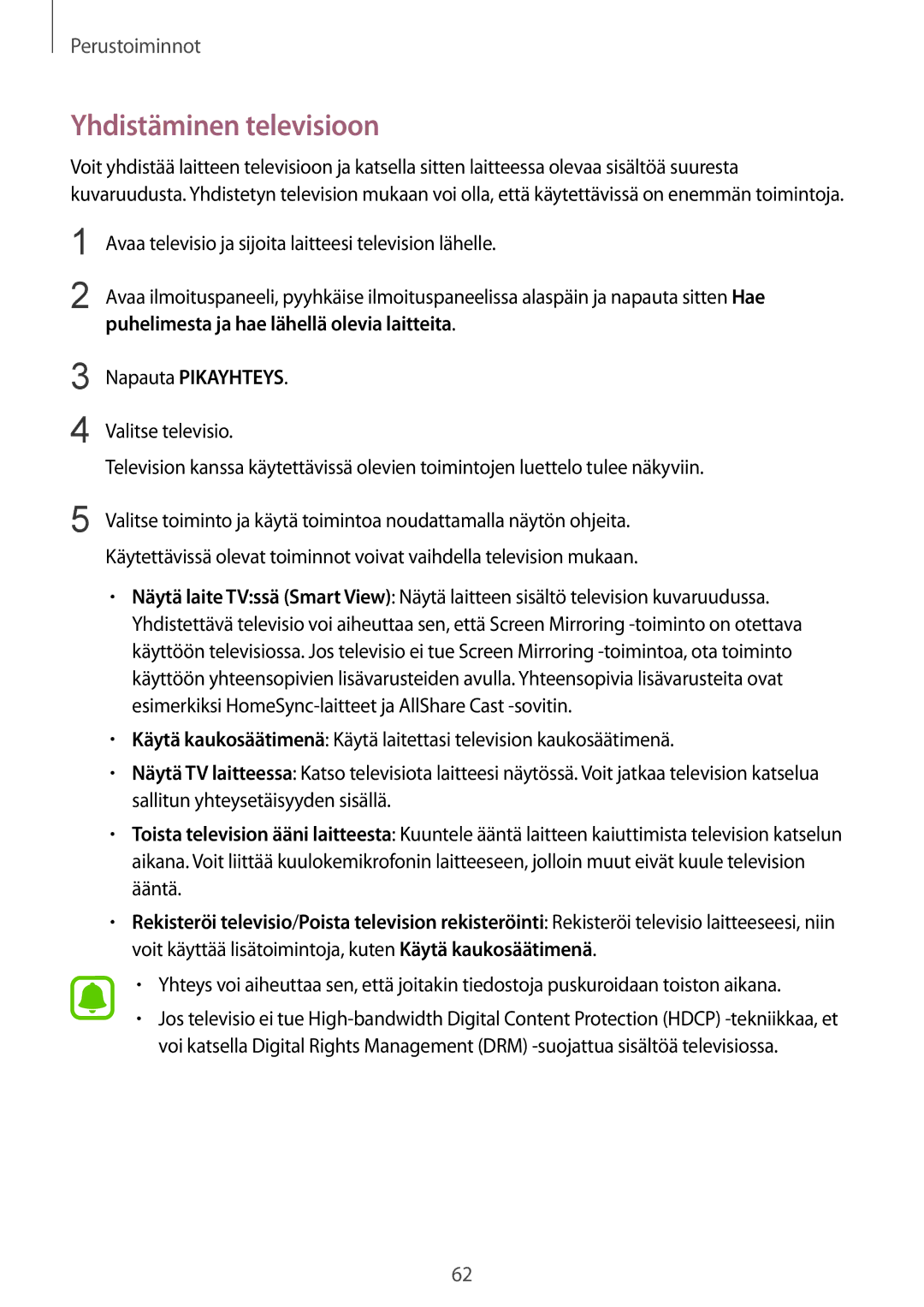 Samsung SM-G925FZKANEE, SM-G925FZGANEE, SM-G925FZWANEE, SM-G928FZSANEE, SM-G925FZWENEE manual Yhdistäminen televisioon 