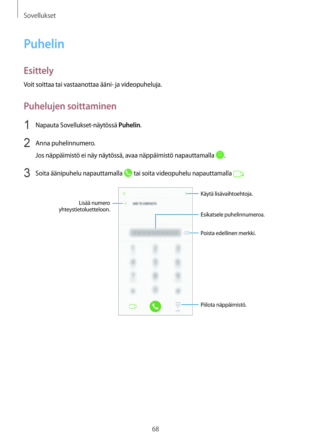 Samsung SM-G925FZDANEE manual Puhelin, Puhelujen soittaminen, Voit soittaa tai vastaanottaa ääni- ja videopuheluja 