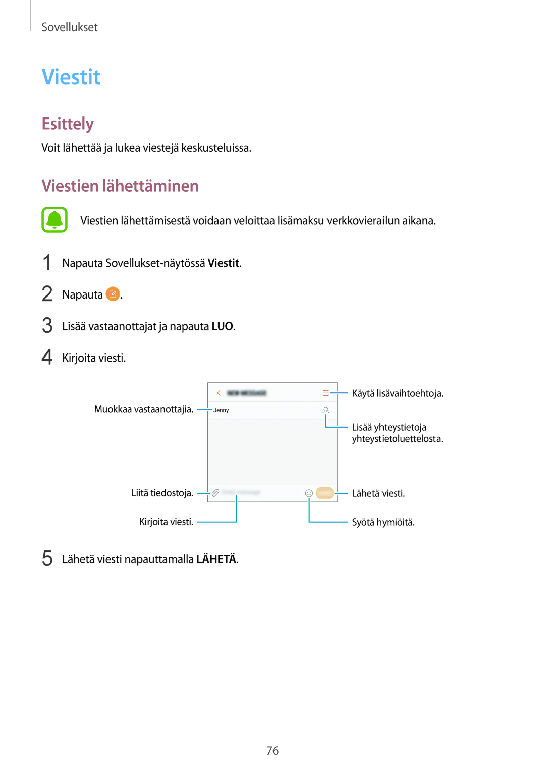 Samsung SM-G925FZWFNEE, SM-G925FZGANEE manual Viestit, Viestien lähettäminen, Voit lähettää ja lukea viestejä keskusteluissa 