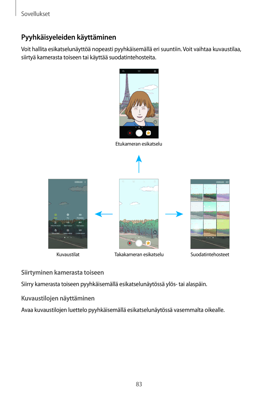 Samsung SM-G928FZSANEE manual Pyyhkäisyeleiden käyttäminen, Siirtyminen kamerasta toiseen, Kuvaustilojen näyttäminen 