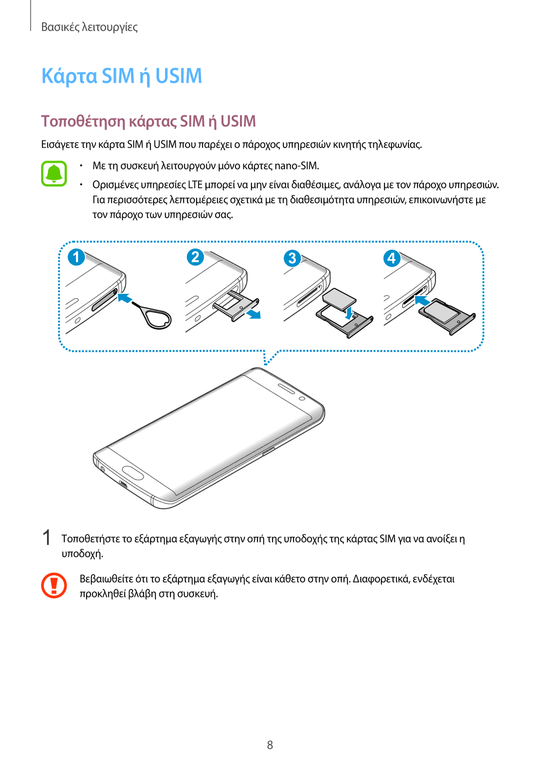 Samsung SM-G925FZKEVGR, SM-G925FZGAVGR, SM-G925FZDAVGR, SM-G925FZDACOS manual Κάρτα SIM ή Usim, Τοποθέτηση κάρτας SIM ή Usim 