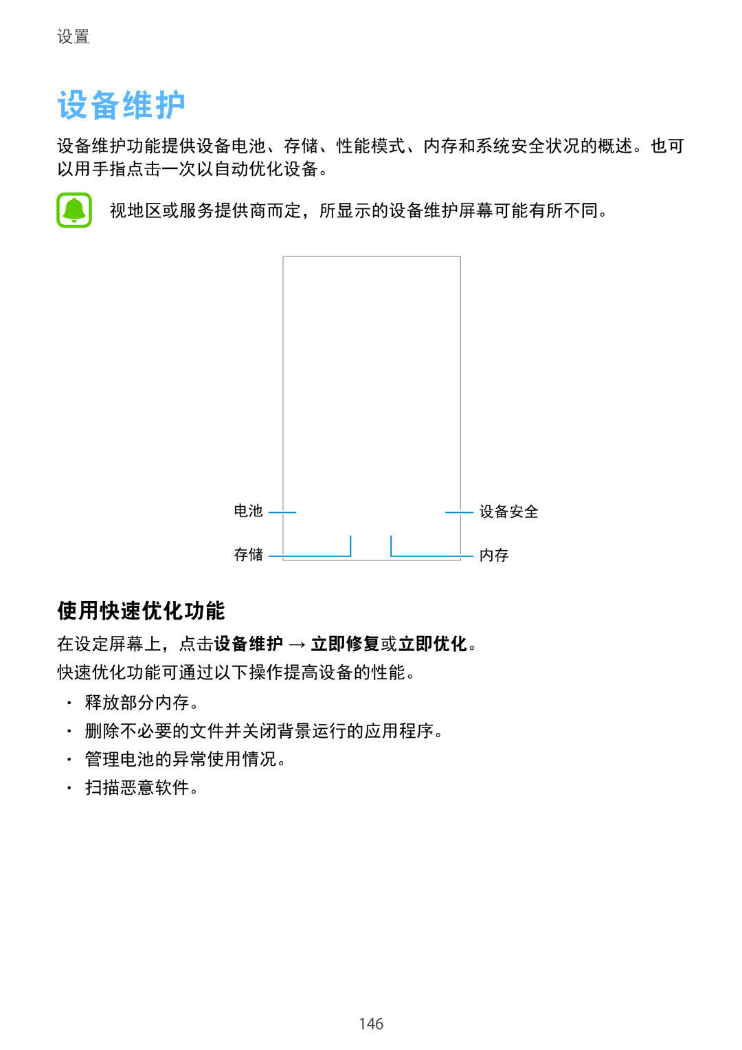 Samsung SM-G925FZWAXXV 使用快速优化功能, 视地区或服务提供商而定，所显示的设备维护屏幕可能有所不同。, 释放部分内存。 删除不必要的文件并关闭背景运行的应用程序。 管理电池的异常使用情况。 扫描恶意软件。 