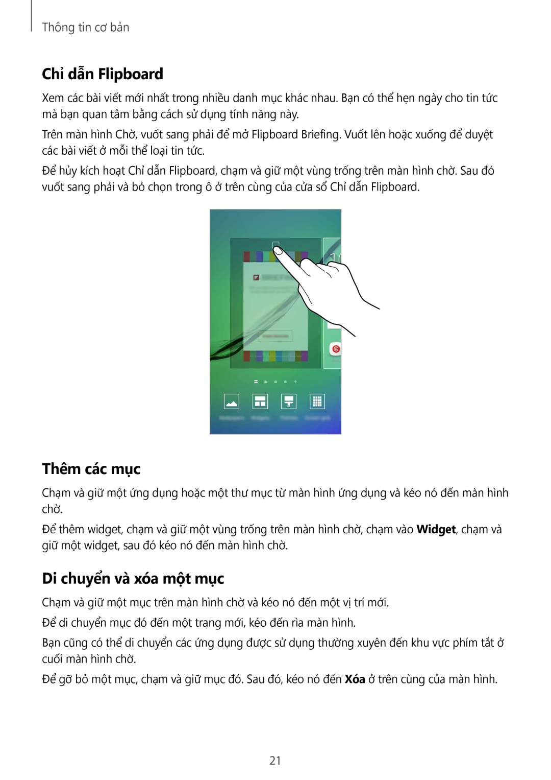 Samsung SM-G925FZGEXXV, SM-G925XZWAXXV, SM-G925FZDAXXV manual Chỉ dẫn Flipboard, Thêm các mục, Di chuyển và xóa một mục 