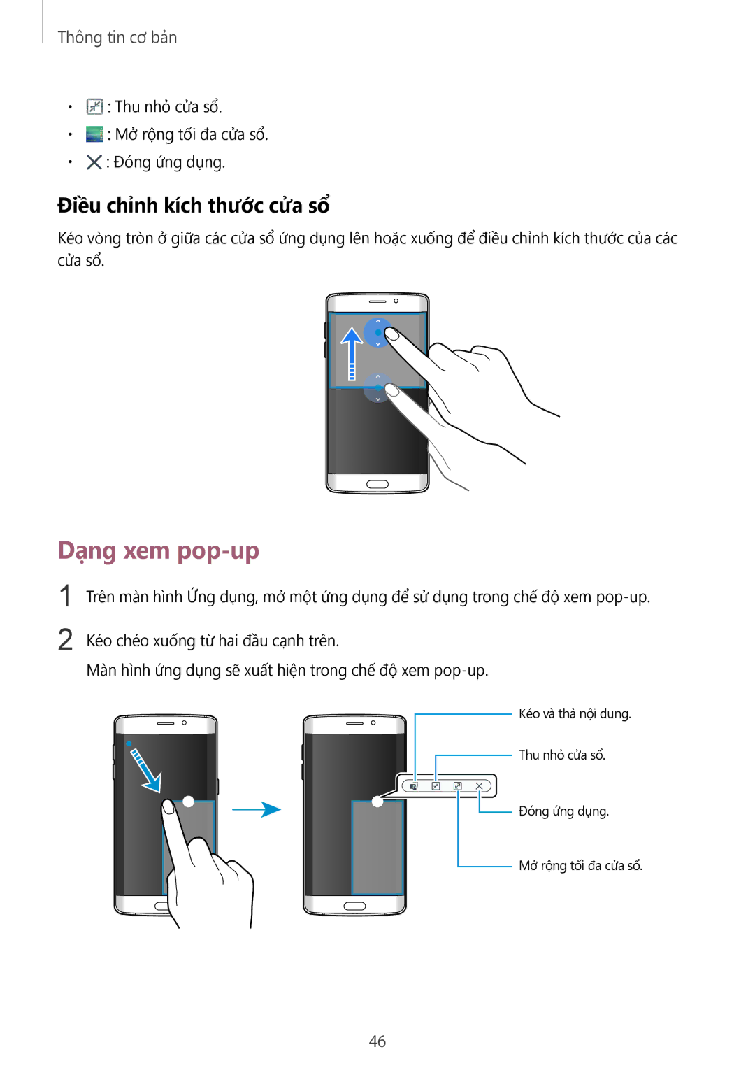 Samsung SM-G925FZKAXXV, SM-G925FZGEXXV, SM-G925XZWAXXV, SM-G925FZDAXXV manual Dạng xem pop-up, Điều chỉnh kích thước cửa sổ 