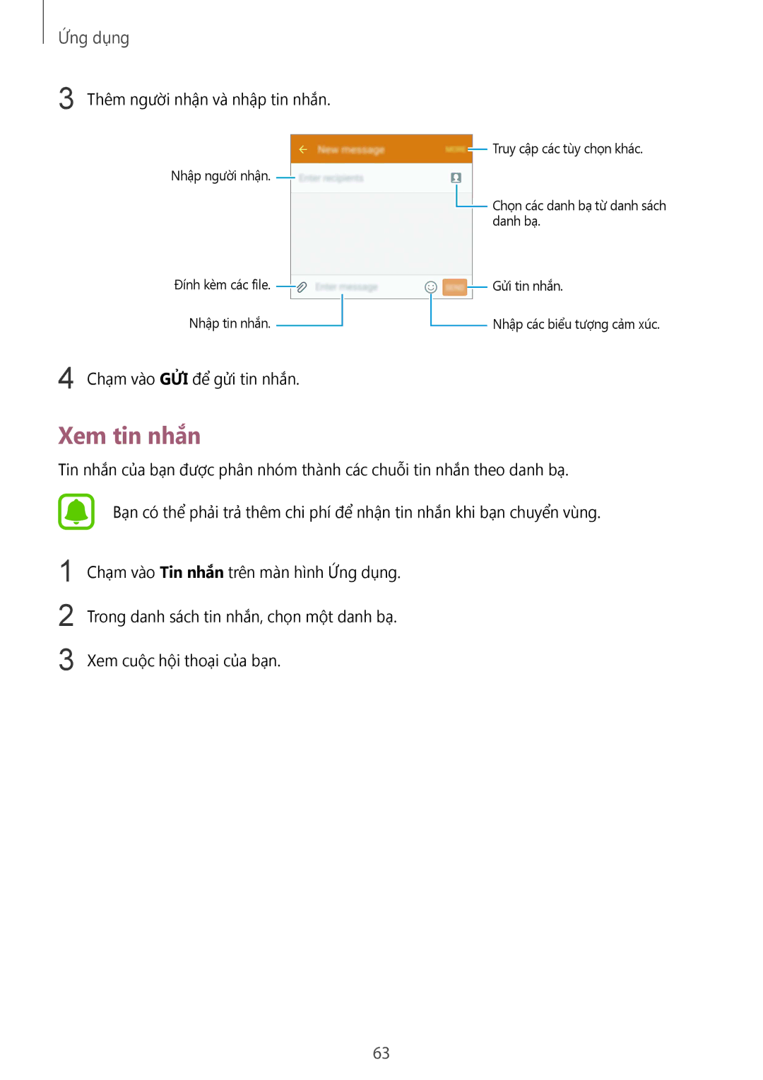 Samsung SM-G925FZGEXXV, SM-G925XZWAXXV, SM-G925FZDAXXV, SM-G925FZDEXXV manual Xem tin nhắn, Thêm người nhận và nhập tin nhắn 