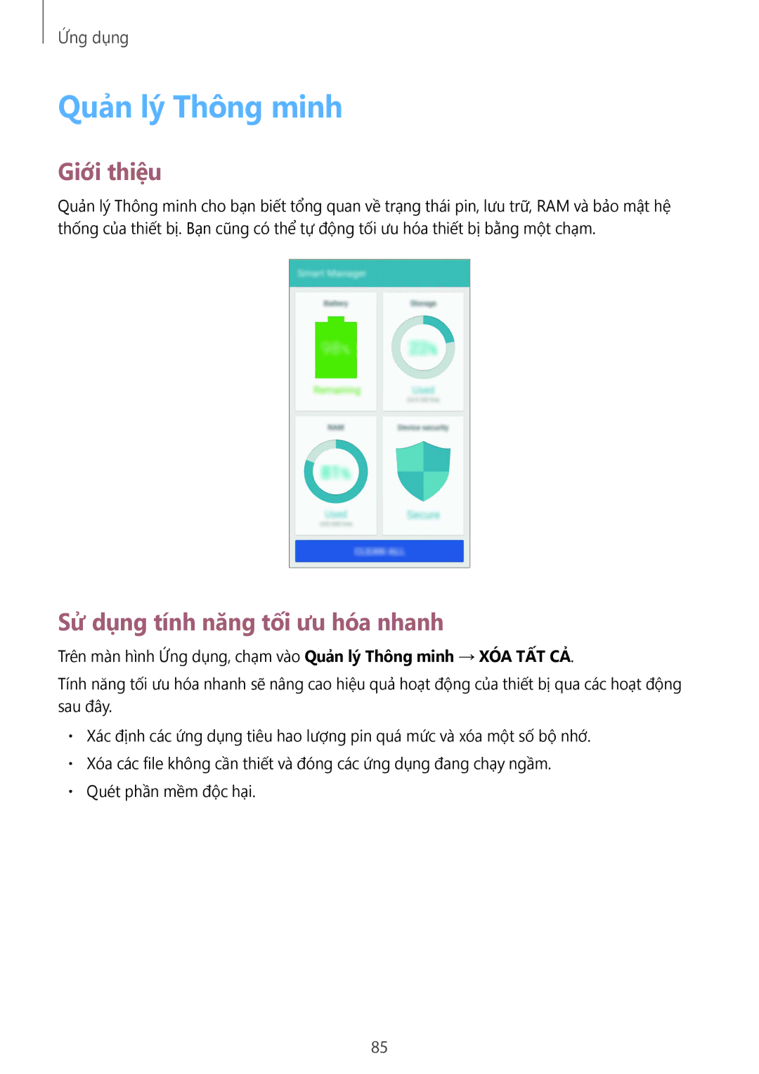 Samsung SM-G925XZWAXXV, SM-G925FZGEXXV, SM-G925FZDAXXV manual Quản lý Thông minh, Sử dụng tính năng tối ưu hóa nhanh 