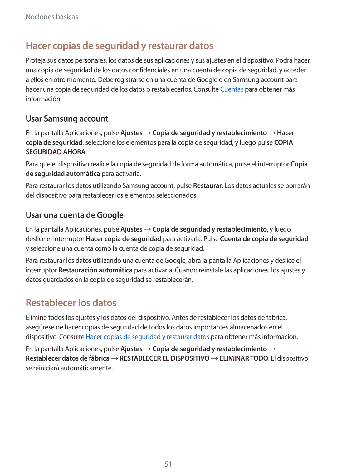 Samsung SM-G925FZWEPHE manual Hacer copias de seguridad y restaurar datos, Restablecer los datos, Usar Samsung account 