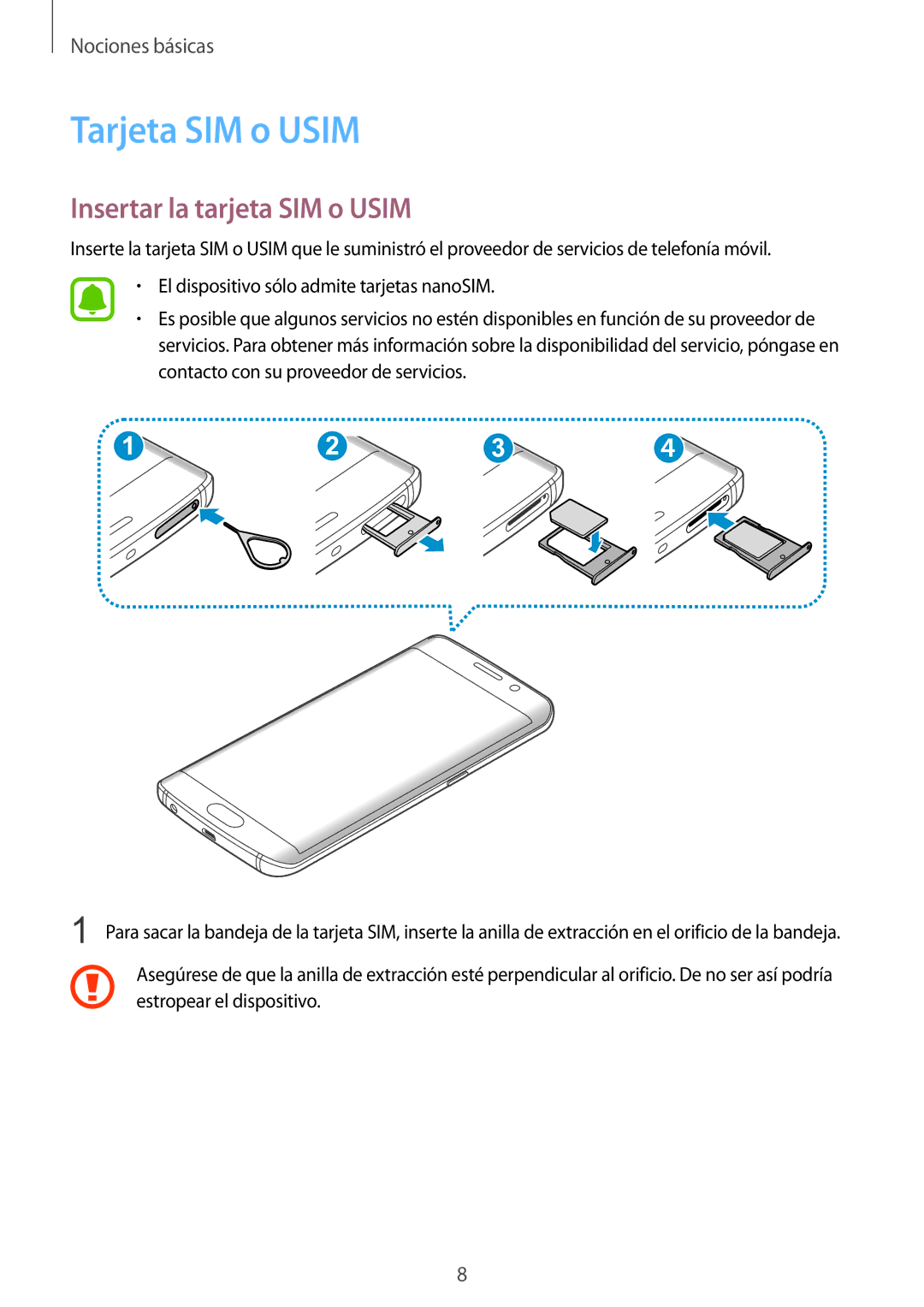 Samsung SM-G925FZDFPHE, SM-G925FZGFPHE, SM-G925FZWAPHE, SM-G925FZGEPHE Tarjeta SIM o Usim, Insertar la tarjeta SIM o Usim 