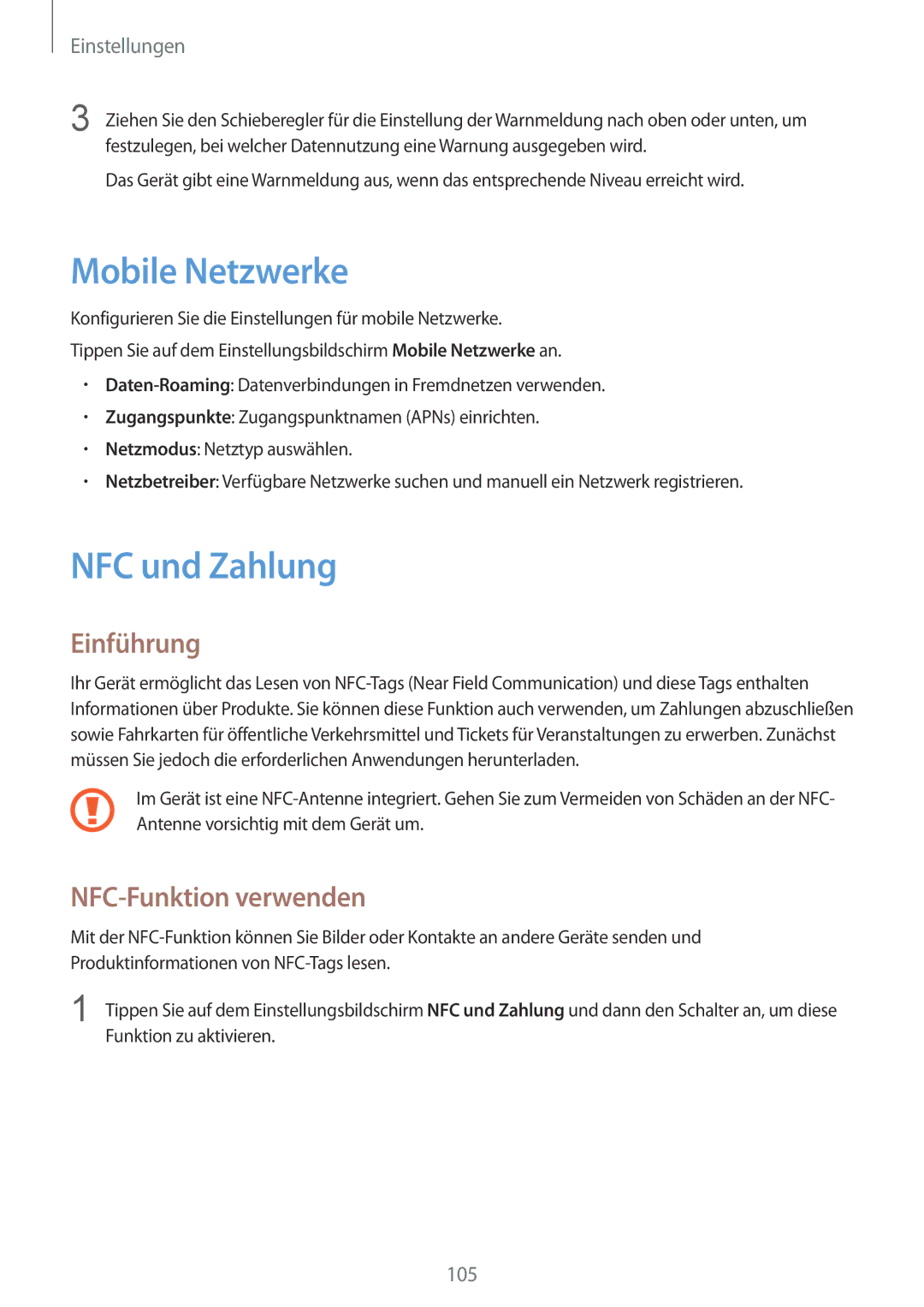 Samsung SM-G925FZGEDBT, SM-G925FZKADBT, SM-G925FZWEDBT manual Mobile Netzwerke, NFC und Zahlung, NFC-Funktion verwenden 